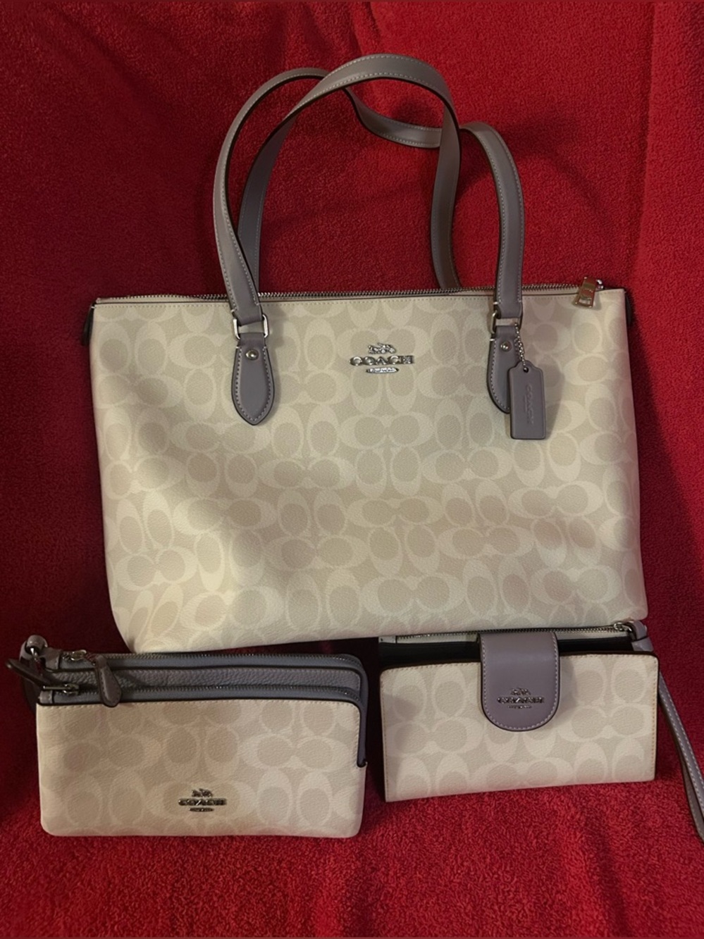 Coach Cream Signature Canvas Tote with light purple trim- 3-Piece Set BRAND NEW